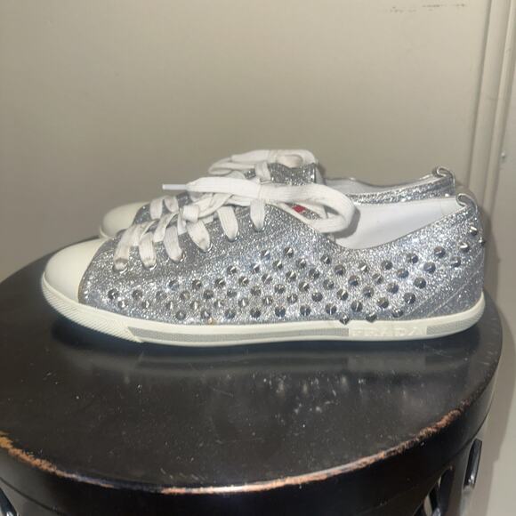 Prada Silver Glitter Studded Low Top Sneakers EU 40 - Picture 6 of 16